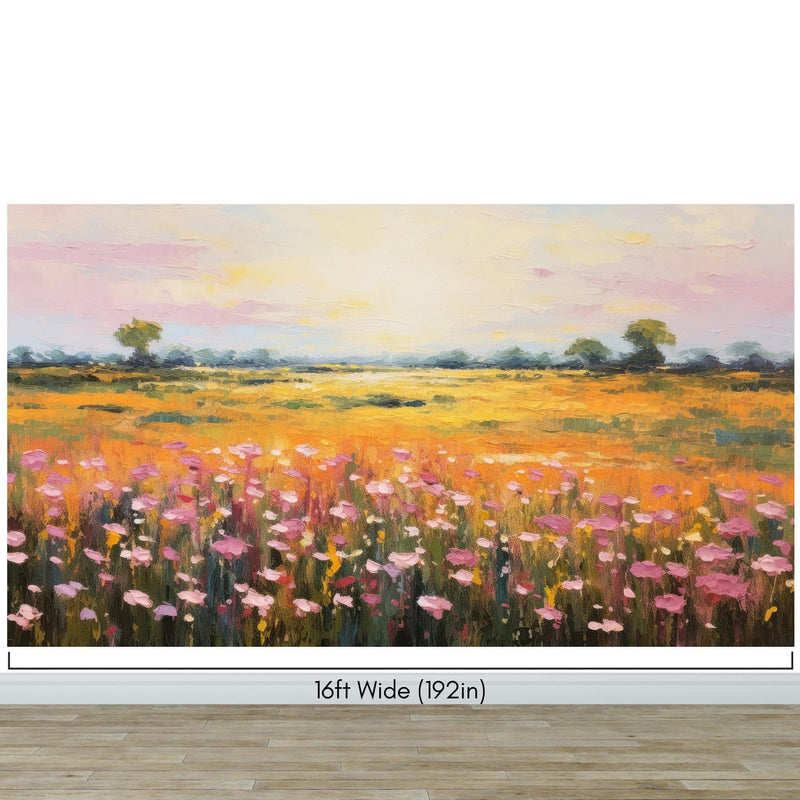 Colorful Yellow Flower Field Painting Wallpaper Mural.