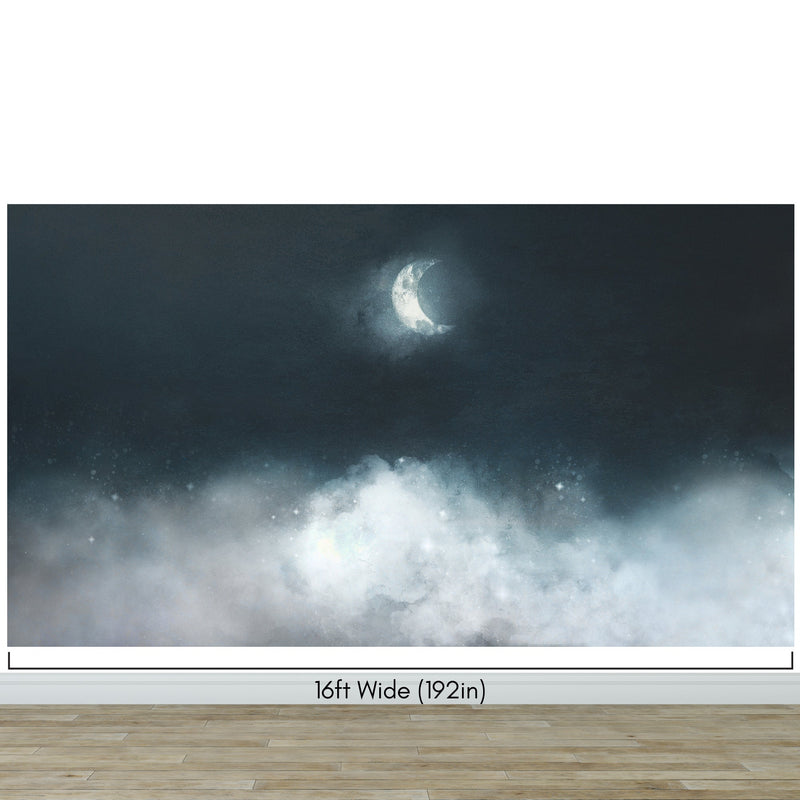 Crescent Moon Shining Over Misty Clouds Wall Mural. Peel and Stick Wallpaper.