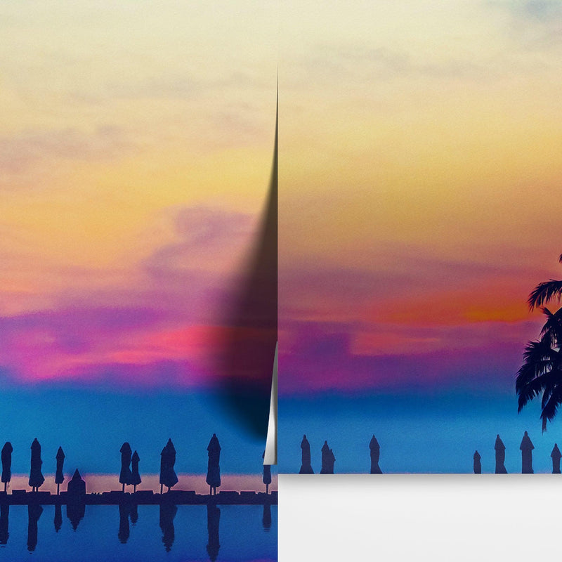 Tropical Night Wallpaper Mural – Miami Sunset Over Resort Pool & Beach.