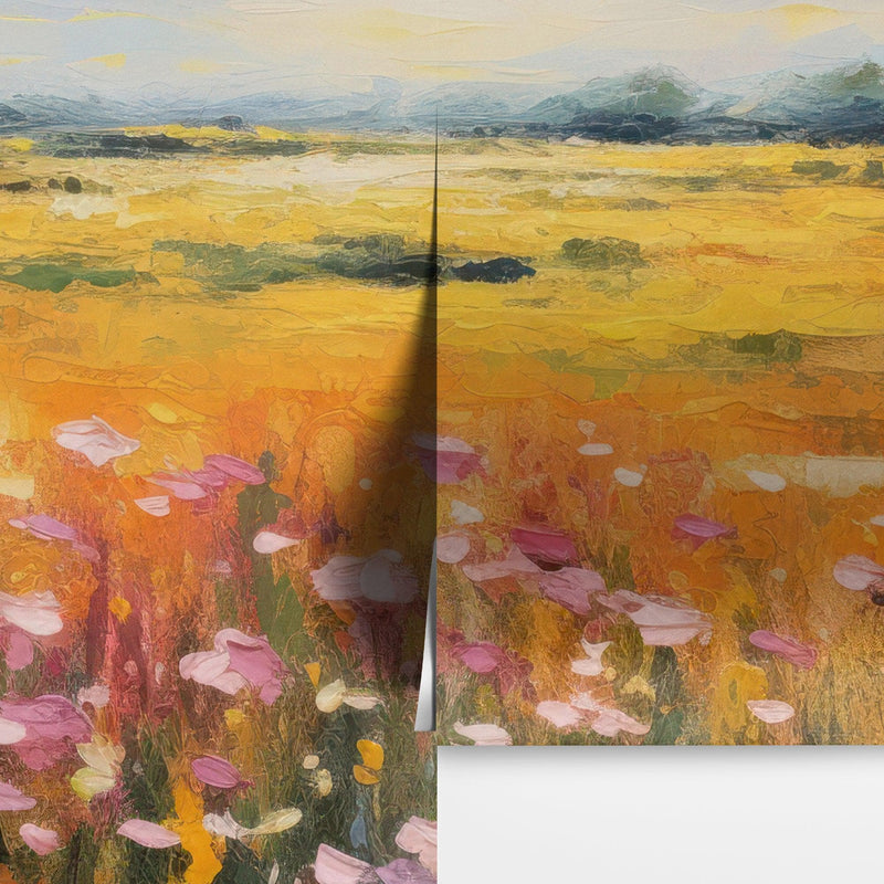 Colorful Yellow Flower Field Painting Wallpaper Mural.