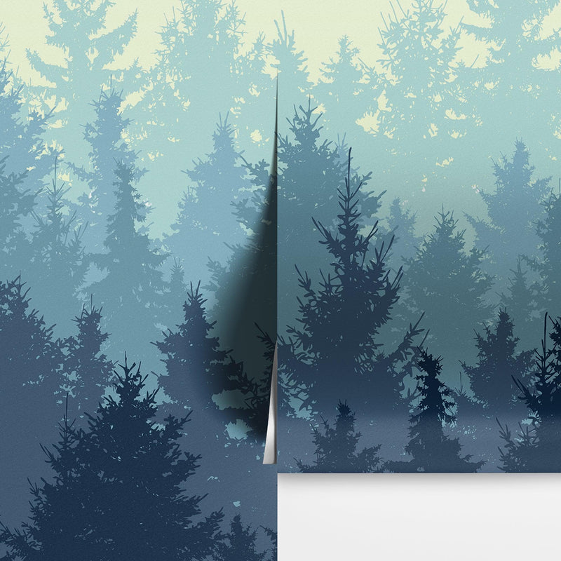 Misty Forest Wallpaper. Blue Pastel Color Mural