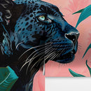 Black Panther in Pink Tropical Forest Wall Mural. Fashionable Botanical Chic Decor.