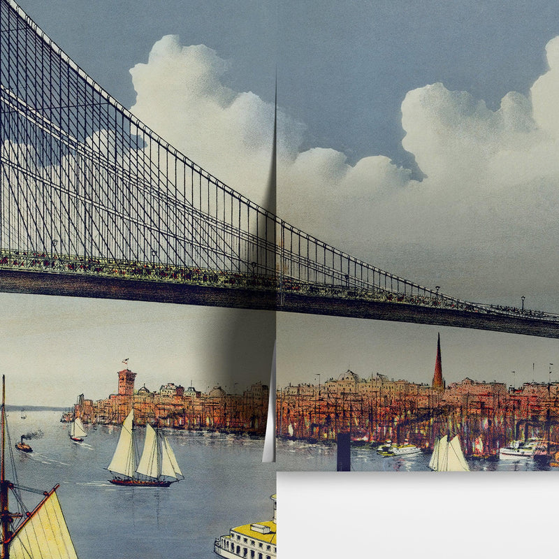 Vintage Brooklyn Bridge Illustration Wallpaper Mural - The Great East River Suspension Bridge.