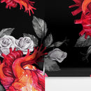 Valentines Hearts and Roses Watercolor Pattern Wall Mural. Black background.