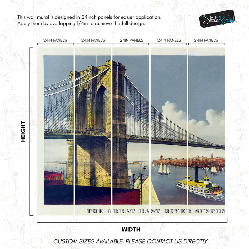 Vintage Brooklyn Bridge Illustration Wallpaper Mural - The Great East River Suspension Bridge.