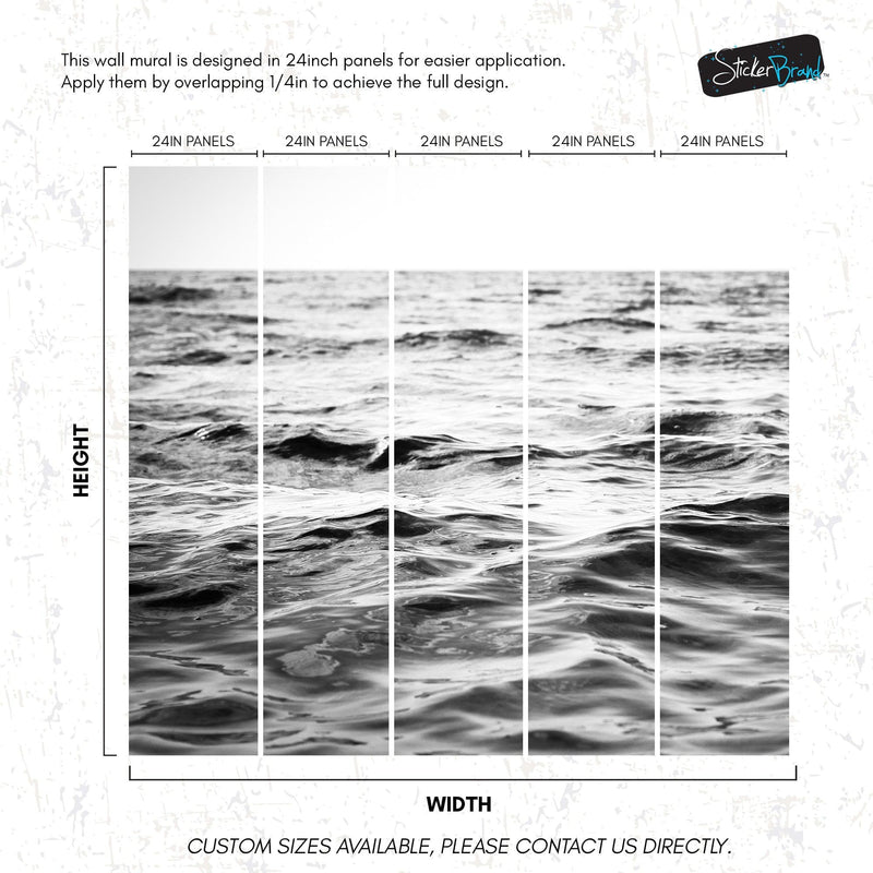 Black and White Ocean Wave Wallpaper. Peel and Stick Wall Mural.