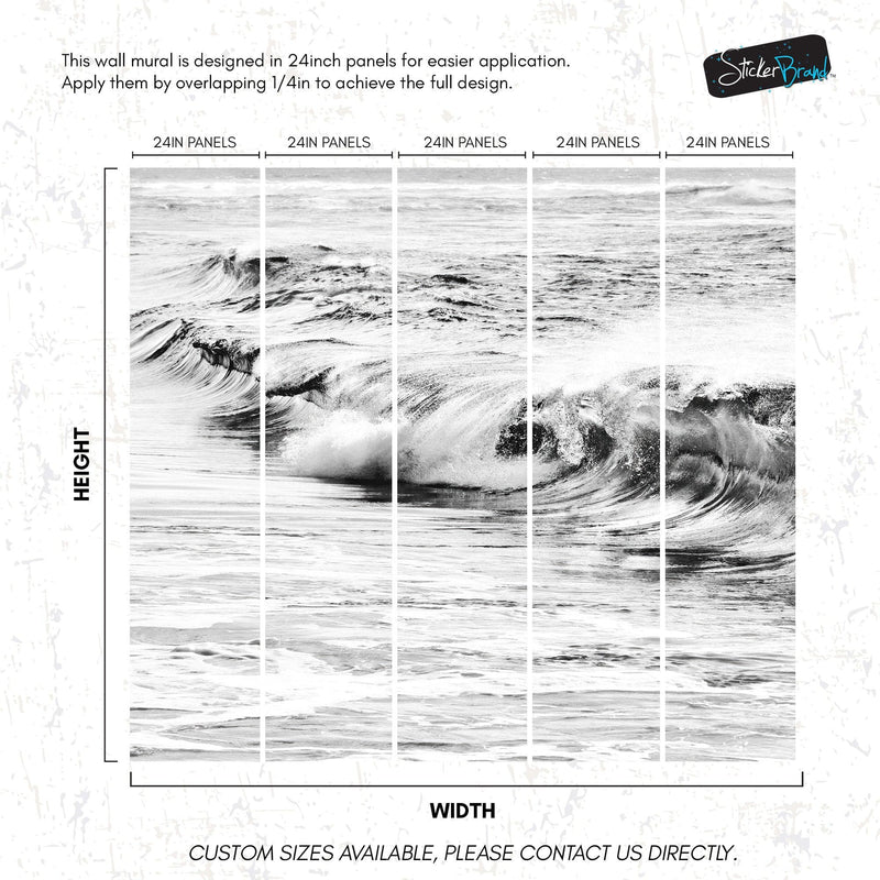 Ocean Wave Wallpaper. Black and White Surf Theme Wall Mural.