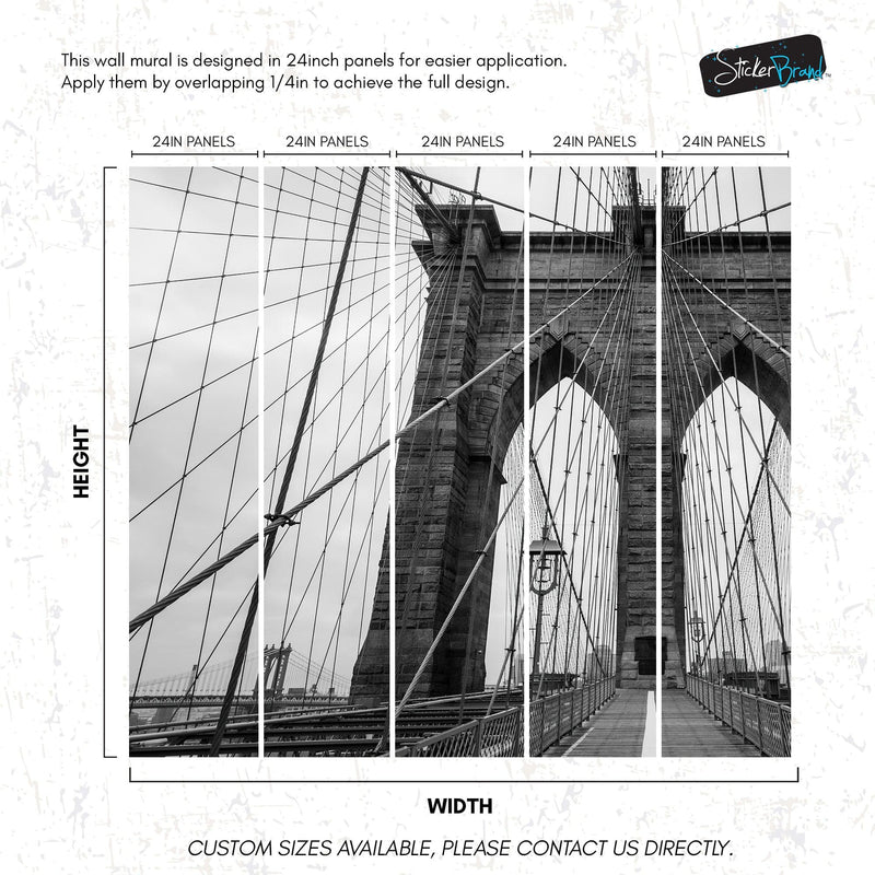 Black and White Brooklyn Bridge Wallpaper Mural. New York City Theme Decor.