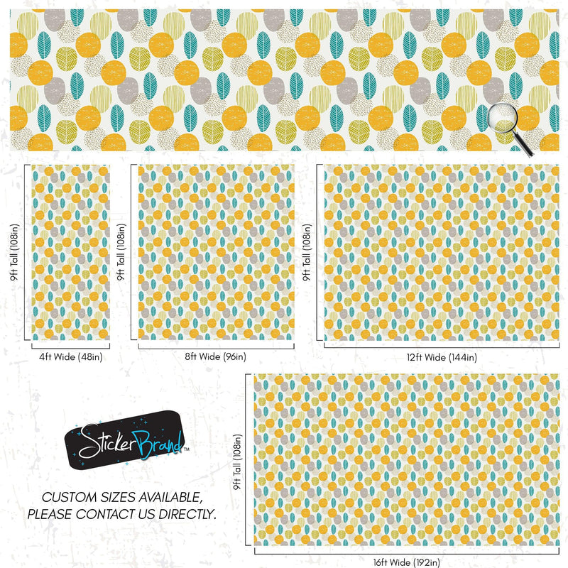 Autumn Leaves Wallpaper. Yellow, Grey, Teal Leaf Wall Mural.