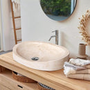 Oval Beige Travertine Vessel Bathroom Sink Handcrafted Light Stone
