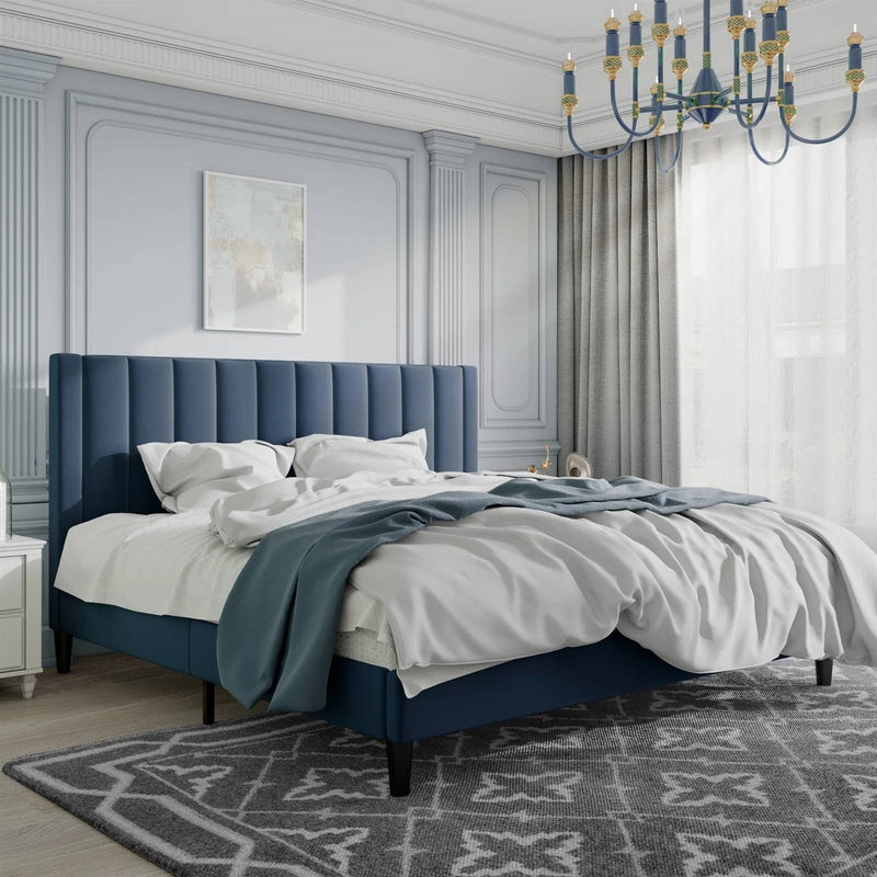 King size Modern Navy Blue Velvet Upholstered Platform Bed with Headboard, photo 3 of 4