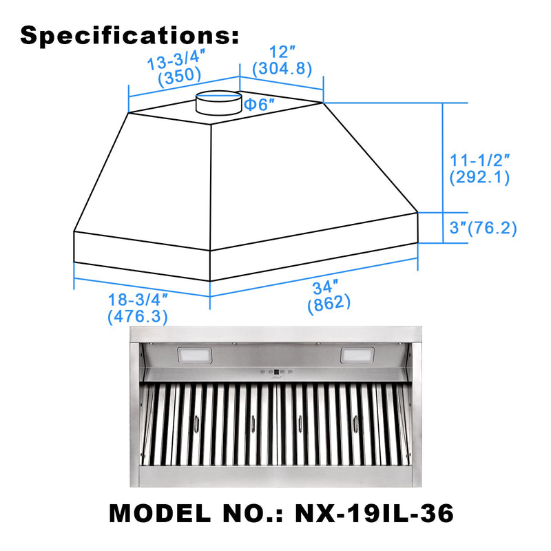 36" Range Hood Insert, Ultra Quiet Stainless Steel 6" Ducted with 600 CFM Powerful Suction-NX-19IL-36