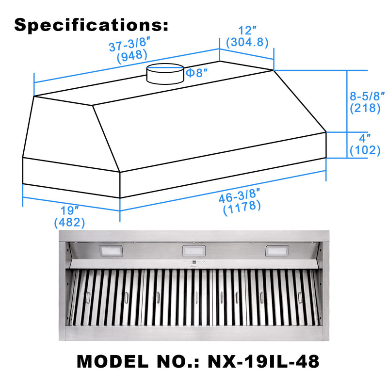 48" Range Hood Insert, Ultra Quiet Stainless Steel 8" Ducted with 1200 CFM Powerful Suction-NX-19IL-48
