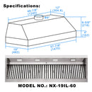 60" Range Hood Insert, Ultra Quiet Stainless Steel 8" Ducted with 1200 CFM Powerful Suction-NX-19IL-60