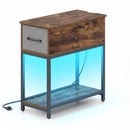 Narrow Side Table with Charging Station and LED Lights Industrial End Table-Brown by LJGDeals