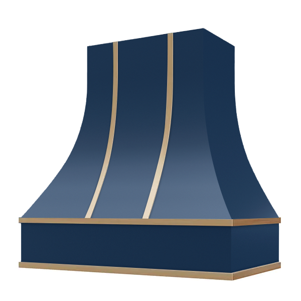 Navy Blue Range Hood With Curved Front, Brass Strapping and Block Trim - 30", 36", 42", 48", 54" and 60" Widths Available