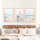 Coastal Boho Wall Art. Beach Pampas Grass, Blue Ocean Waves by Wall Art Set