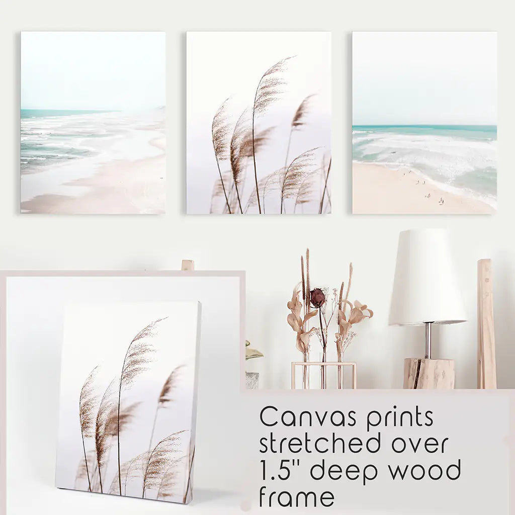 Coastal Boho Wall Art. Beach Pampas Grass, Blue Ocean Waves, photo 9 of 13