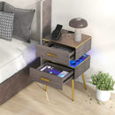 Nightstand Sofa Side Tables with Charging Station and 2 Drawers and LED lights-Gray by LJGDeals