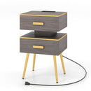 Nightstand Sofa Side Tables with Charging Station and 2 Drawers and LED lights-Gray by LJGDeals