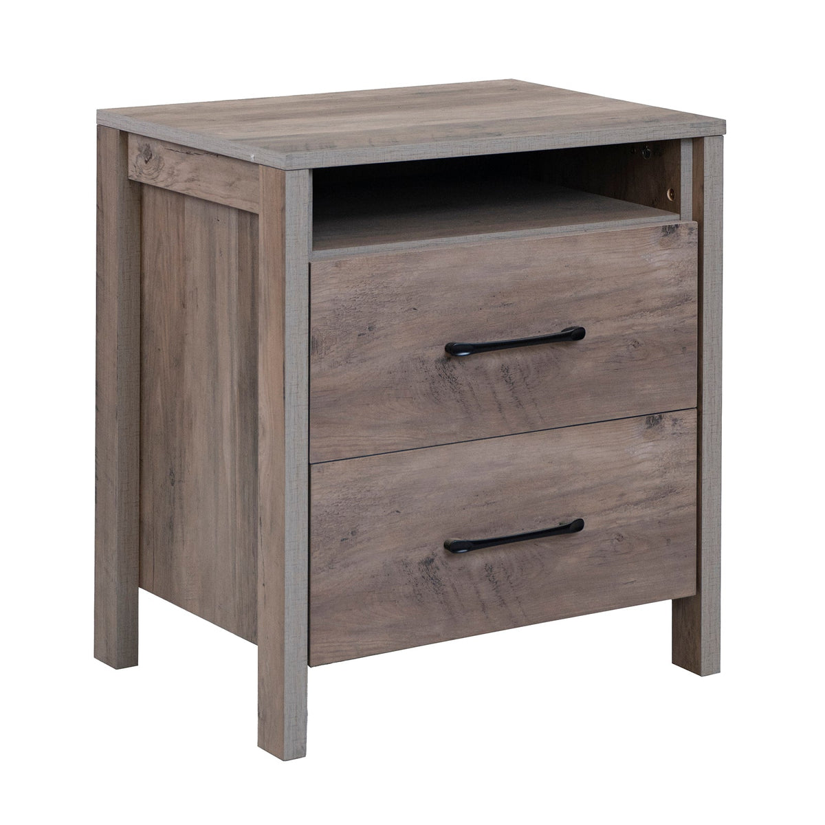 Nightstand with 2 Drawers Farmhouse Bed Side Table with Open Storage Shelf-Grey, photo 4 of 8