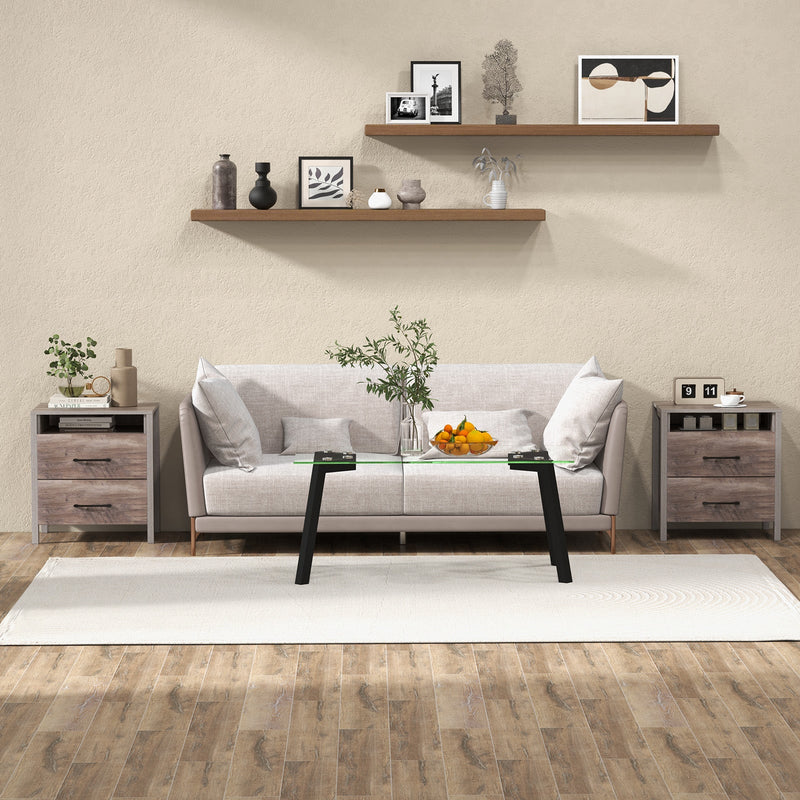 Nightstand with 2 Drawers Farmhouse Bed Side Table with Open Storage Shelf-Grey, photo 6 of 8