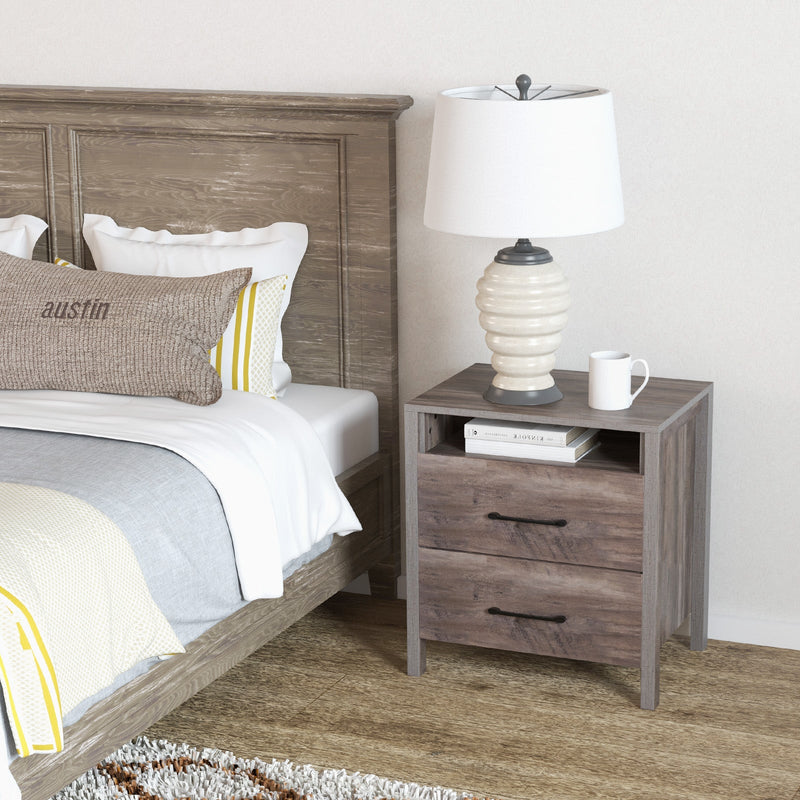Nightstand with 2 Drawers Farmhouse Bed Side Table with Open Storage Shelf-Grey, photo 8 of 8