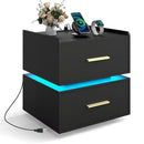 Nightstand with Charging Station LED Bedside Table with 2 Storage Drawers by LJGDeals
