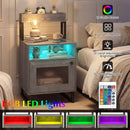 Nightstand with LED Lights Modern End Table with Top Tray Open Compartment and Storage Cabinet by LJGDeals
