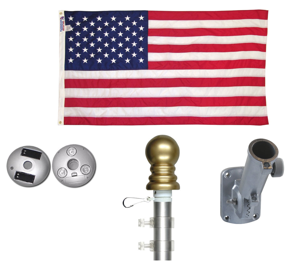 Illuminated Non Tangle Flagpole Kit w/ Flag, Adjustable Bracket, Aluminum Pole & Solar Light, photo 3 of 3