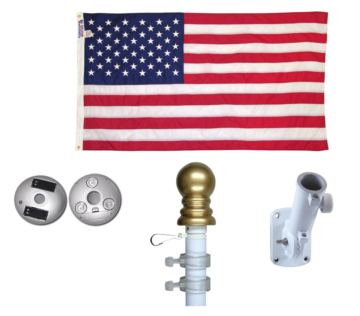 Illuminated Non Tangle Flagpole Kit w/ Flag, Adjustable Bracket, Aluminum Pole & Solar Light, photo 2 of 3