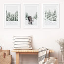 Nordic Winter Wall Art Set of 3. Snowy Forest and Moose by Wall Art Set