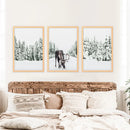 Nordic Winter Wall Art Set of 3. Snowy Forest and Moose by Wall Art Set