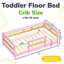 Crib Size Wooden Floor Bed Frame with Rails for Toddlers Age 1–3