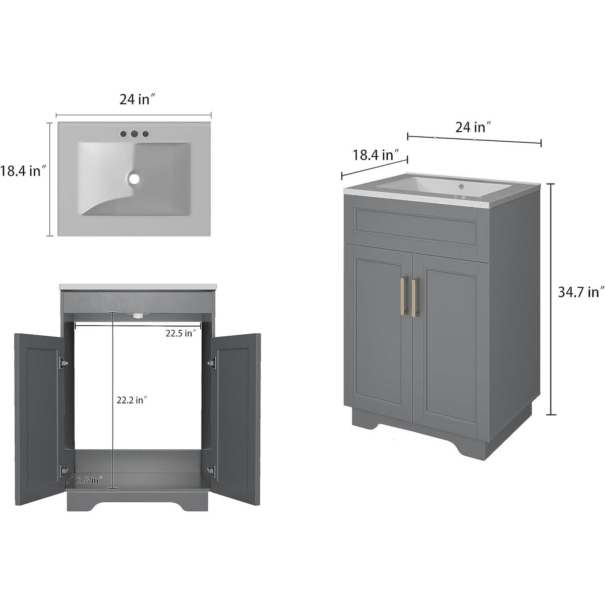 Modern Gray Wood Finish Bathroom Vanity with White Ceramic Sink, photo 5 of 5