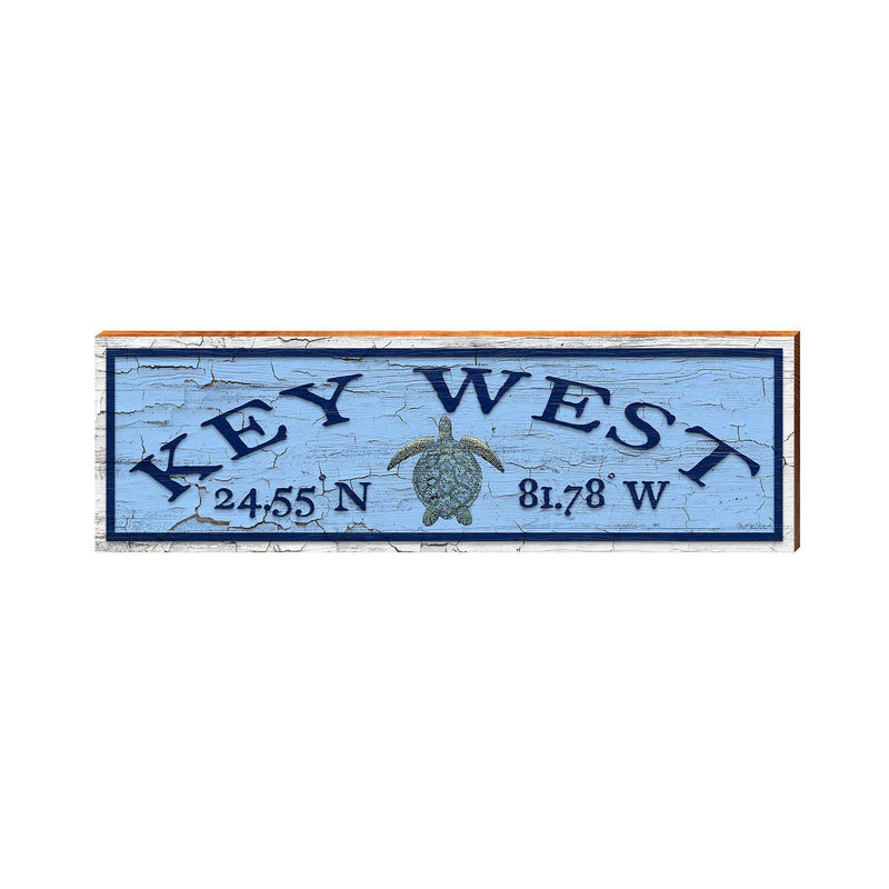 Key West Sea Turtle Blue Latitude Longitude | Wall Art Print on Real Wood