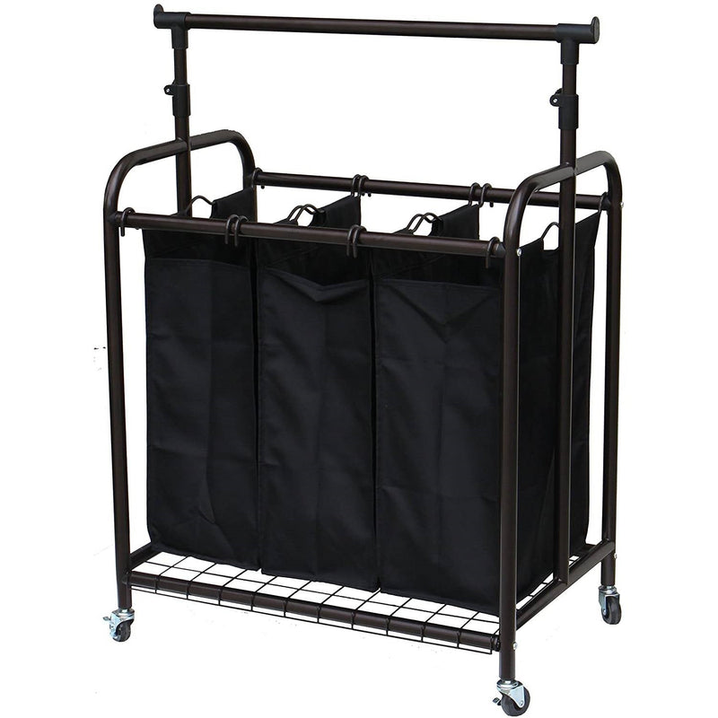 Bronze Black 3-Bag Laundry Sorter Hamper with Adjustable Clothes Hanging Bar, photo 3 of 4