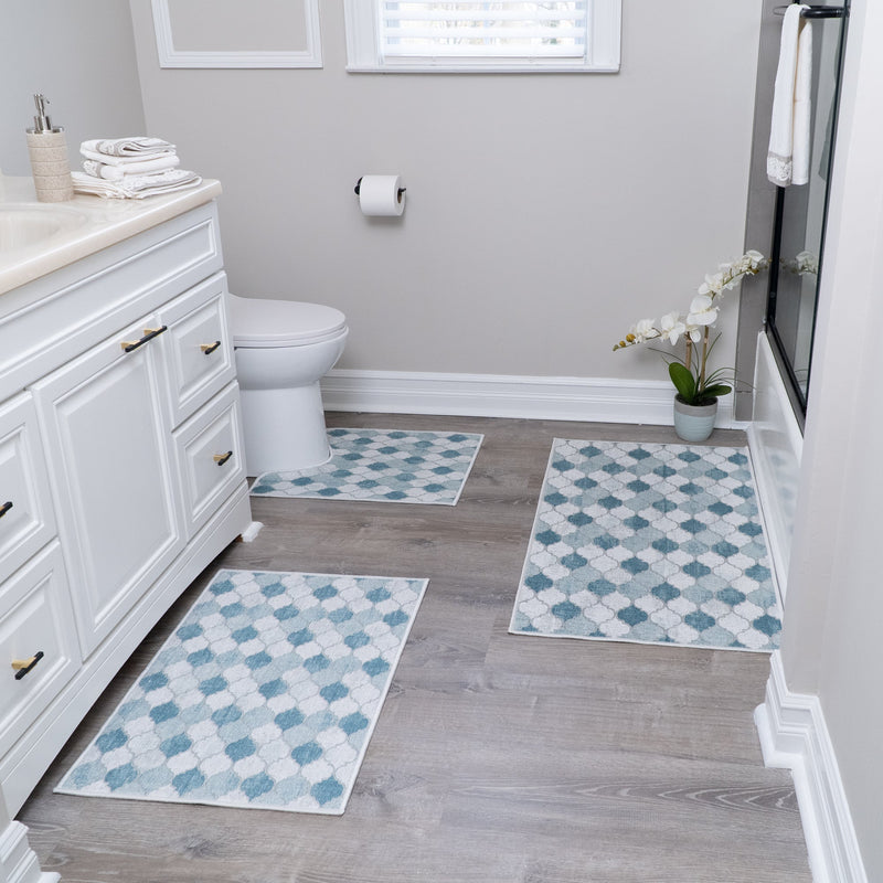 Moroccan Design 3 Piece Bathroom Rugs Set |Beige&Blue