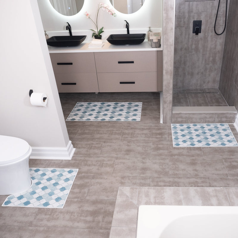 Moroccan Design 3 Piece Bathroom Rugs Set |Beige&Blue