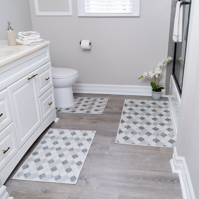 Moroccan Design 3 Piece Bathroom Rugs Set | Beige&Gray