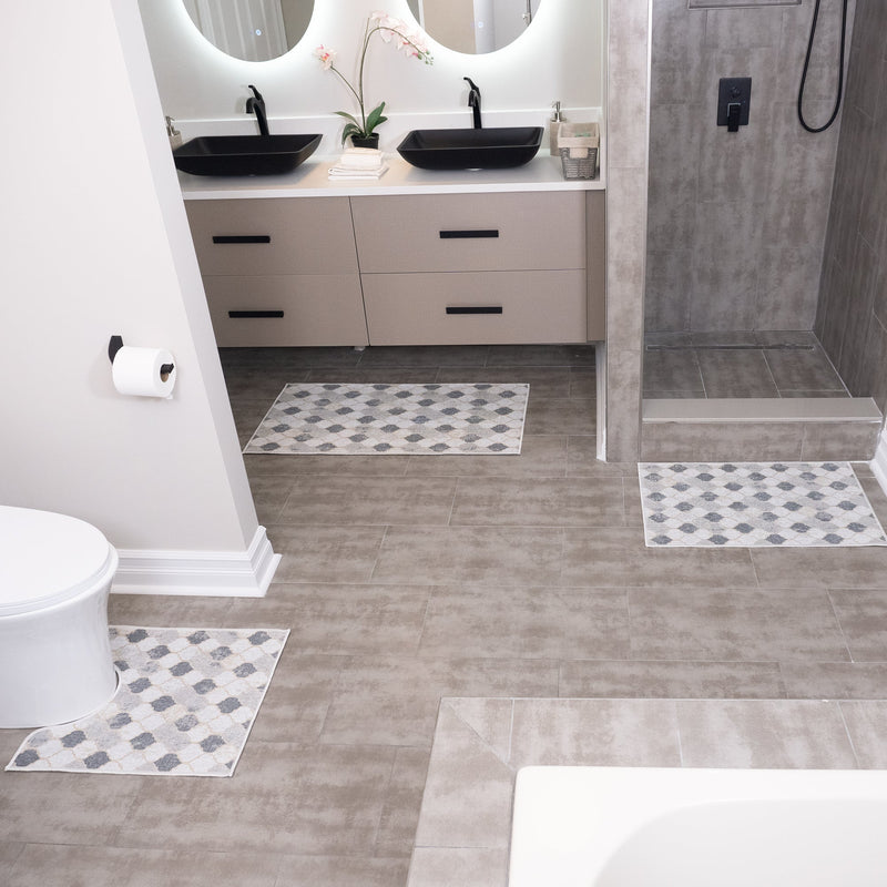 Moroccan Design 3 Piece Bathroom Rugs Set | Beige&Gray