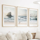 Ocean Beach with Rocks. Beige Blue Coastal Triptych by Wall Art Set