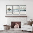 Ocean Beach with Rocks. Beige Blue Coastal Triptych by Wall Art Set