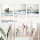 Ocean Beach with Rocks. Beige Blue Coastal Triptych by Wall Art Set