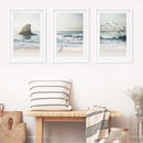 Ocean Beach with Rocks. Beige Blue Coastal Triptych by Wall Art Set