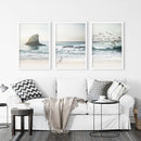Ocean Beach with Rocks. Beige Blue Coastal Triptych by Wall Art Set