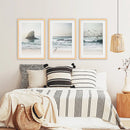 Ocean Beach with Rocks. Beige Blue Coastal Triptych by Wall Art Set