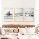 Ocean Beach with Rocks. Beige Blue Coastal Triptych by Wall Art Set