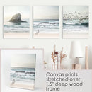 Ocean Beach with Rocks. Beige Blue Coastal Triptych by Wall Art Set