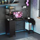 Office Desk with LED Lights and Power Outlets Computer Desk with Open Shelves-Black by LJGDeals